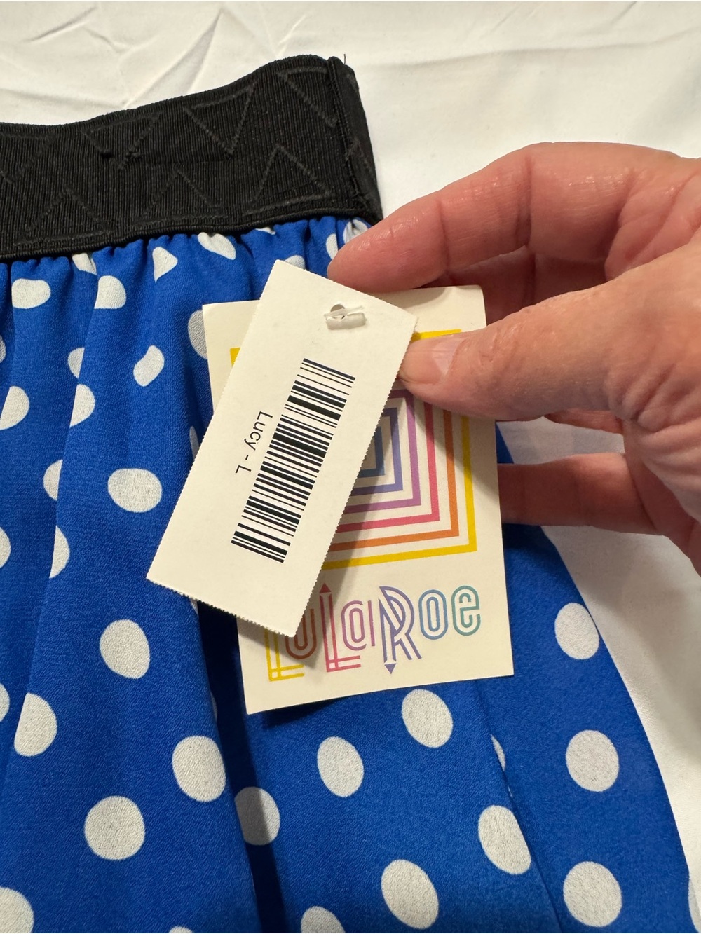 LuLaRoe - “Lucy” Skirt, OG, Blue Polka Dot A-Line Skirt w/ Black Waistband, NWT - Picture 3 of 3